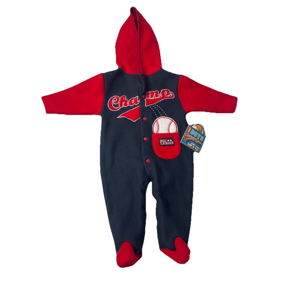 Vtg Only Boys Gear Sleeper Fleece Baseball Champ Red Blue Size O-3 M One piece